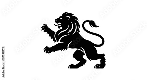 Majestic Black Lion Rampant Heraldic Symbol on White Background.
