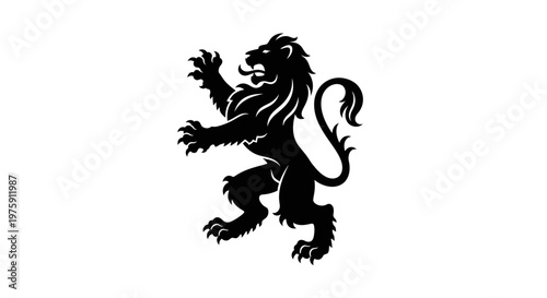 Majestic Black Lion Rampant Heraldic Symbol on White Background.