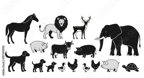 Collection of various domestic and wild animals in silhouette and outline styles.