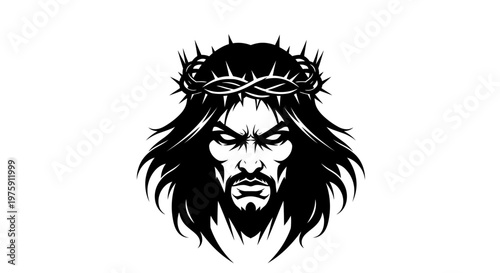 Jesus Christ wearing a crown of thorns, black and white vector illustration.