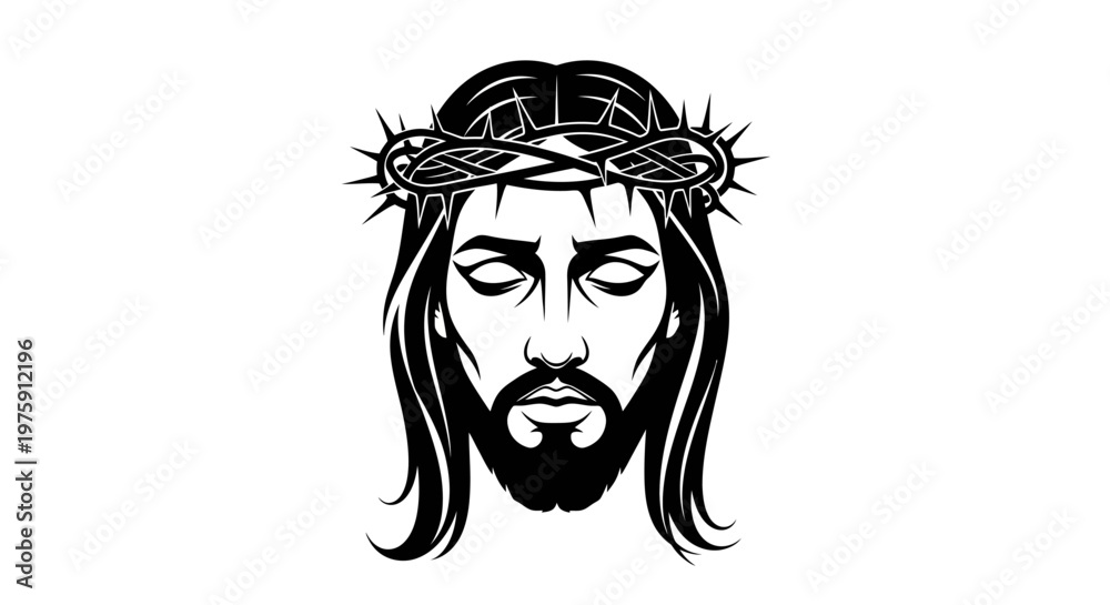 Obraz premium Jesus Christ wearing crown of thorns black and white illustration.