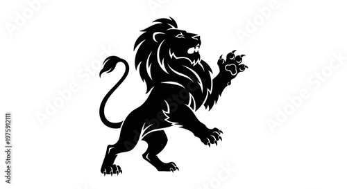 Majestic Black Lion Rearing Up on White Background.
