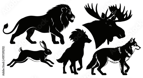 Collection of various wild animal silhouettes including a lion, moose, wolf, rabbit, and hyena.