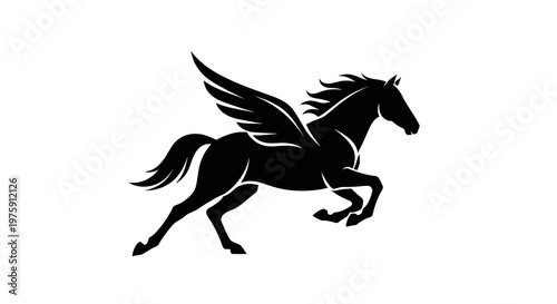 Majestic black Pegasus silhouette soaring gracefully.