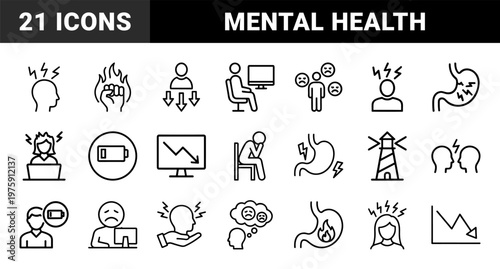 Minimalist mental health and stress line art symbols for psychology and burnout.