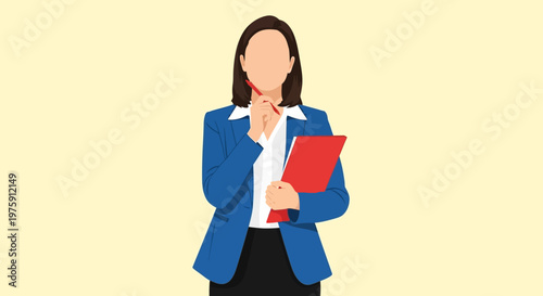 Businesswoman in Blue Blazer Holding a Red Book, Standing in a Plain Studio Background.