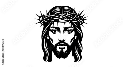 Jesus Christ with a crown of thorns, a powerful symbol of faith and sacrifice, rendered in a striking black and white illustration.