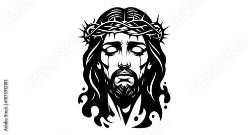 Jesus Christ with Crown of Thorns Black and White Illustration.