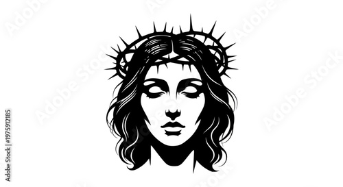 Jesus Christ with Crown of Thorns Black and White Illustration.