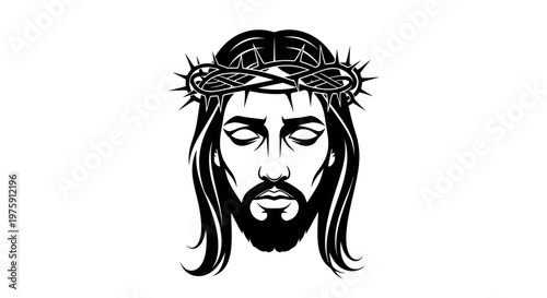 Jesus Christ wearing crown of thorns black and white illustration.