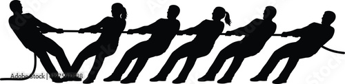 tug of war silhouette, teamwork concept, group competition, strength unity, pulling rope, team effort, collaboration power, leadership challenge, vector illustration, success strategy