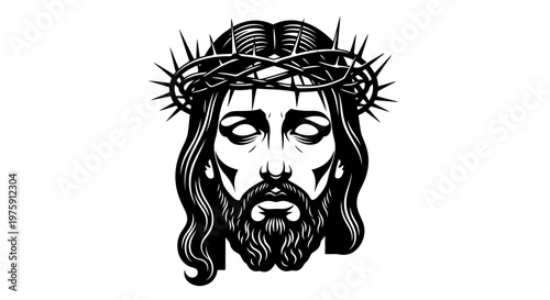 Jesus Christ with Crown of Thorns Black and White Illustration.