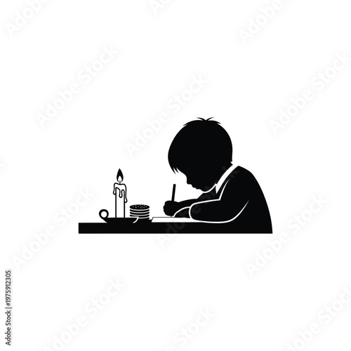 A silhouette of a child sitting at a desk writing by candlelight