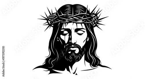 Jesus Christ with Crown of Thorns Black and White Illustration.
