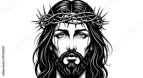 Jesus Christ with Crown of Thorns Black and White Illustration.
