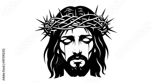 Jesus Christ with Crown of Thorns Black and White Illustration.