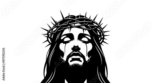 Jesus Christ with Crown of Thorns Black and White Illustration.