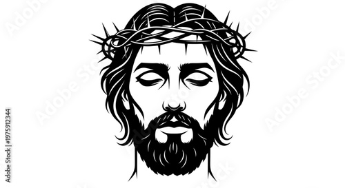 Jesus Christ with Crown of Thorns Black and White Illustration.