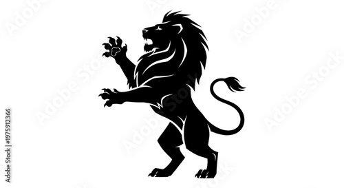 Majestic black lion silhouette standing on hind legs, roaring powerfully.