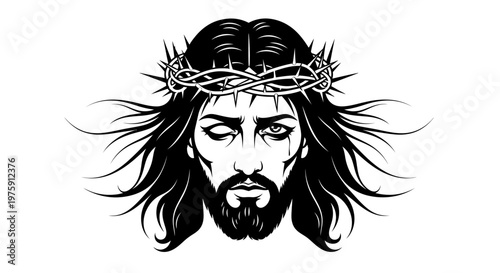 Jesus Christ with Crown of Thorns Black and White Illustration.