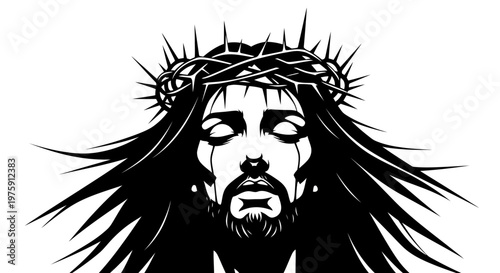 Jesus Christ with Crown of Thorns Black and White Illustration.