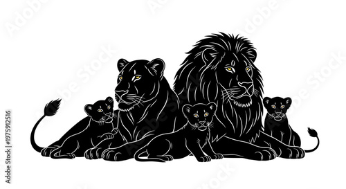 Majestic lion family silhouette illustration with adult lions and their cubs.