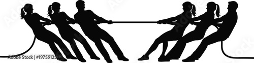 tug of war team silhouette, group competition teamwork concept, people pulling rope, strength challenge, collaboration versus rivalry, unity and effort