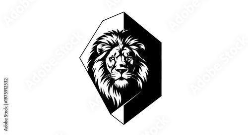 Majestic Lion Head Emblem in Black and White Shield.