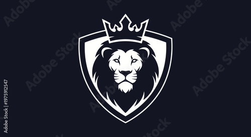 Majestic Lion Head with Crown on Shield Logo Design.