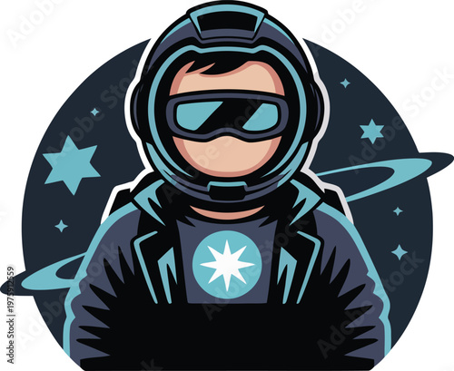 Astronaut character in a helmet with goggles surrounded by stars and planets outer space astronaut cosmonaut exploration universe technology illustration character spaceship astronomy