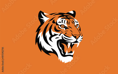 Illustration of a roaring tiger head with black stripes against an orange background big cat illustration wildlife predator ferocious mouth open strength aggressive carnivore endangered
