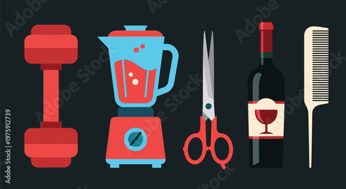 Collection of kitchen tools and utensils icons in bold colors for design.