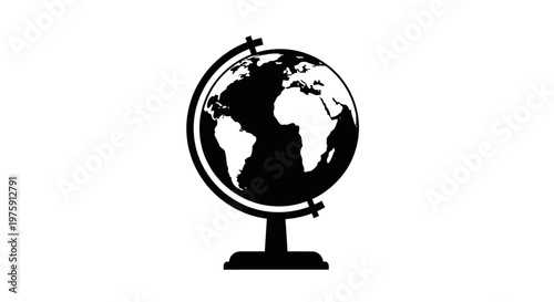Black and white globe icon on a white background, representing global connection and travel.