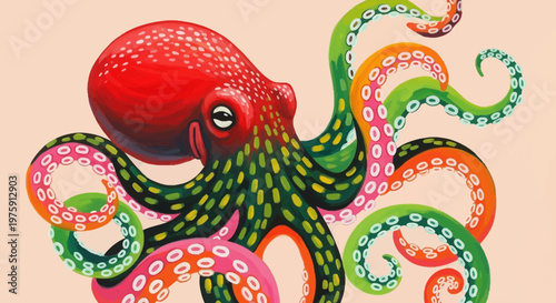 Vibrant multicolored octopus with swirling tentacles in a lively underwater illustration.