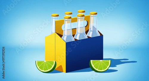 Bright blue summer beverage pack with bottles in a yellow crate and lime wedges.