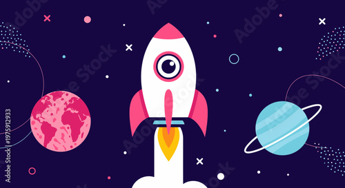 Cartoon Space Rocket Launch Illustration with Planets and Stars in a Night Sky.