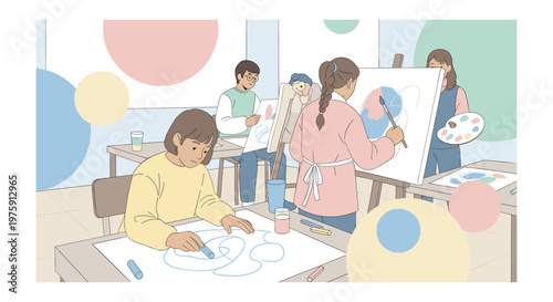 Children painting in art class with colorful decorations in bright lighting for educational materials