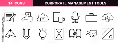Business management and corporate office productivity line icon set.