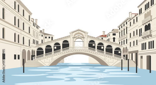 Venetian canal scene with arched bridge, pastel buildings, and calm waters.