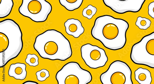 Bright pattern of fried eggs scattered on a sunny yellow background with bold abstract food motif.