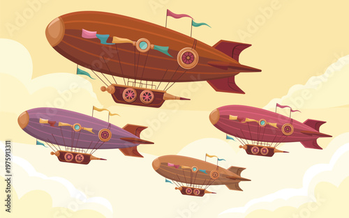Multiple colorful airships and blimps floating in a light orange sky with clouds zeppelin dirigible transport transportation aerostat adventure exploration illustration colorful atmosphere
