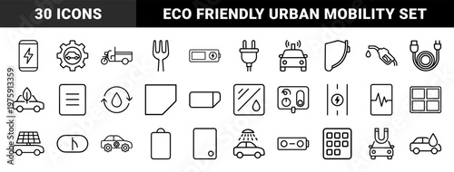 Electric car and eco transportation outline icons for green energy and auto service.