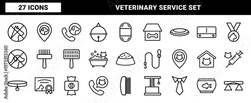 Pet care and veterinary line icons set for domestic animal services
