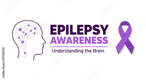 Epilepsy Awareness Concept with Brain Profile and Purple Ribbon