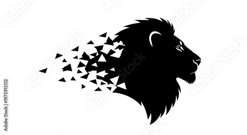Majestic Lion Head Silhouette Disintegrating into Geometric Shapes.