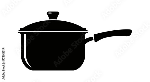 Black Saucepan with Lid and Handle, Kitchen Cooking Utensil Icon Vector