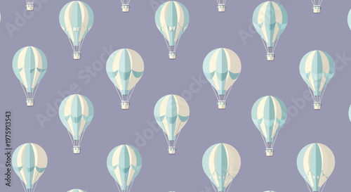 Seamless Pattern of Light Blue Hot Air Balloons on Purple Background for Textile and Wallpaper Designs.
