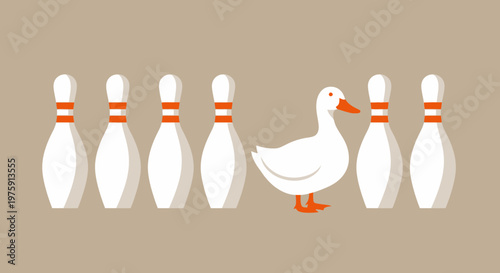 Whimsical duck beside bowling pins in a playful alley scene featuring sport and humor.
