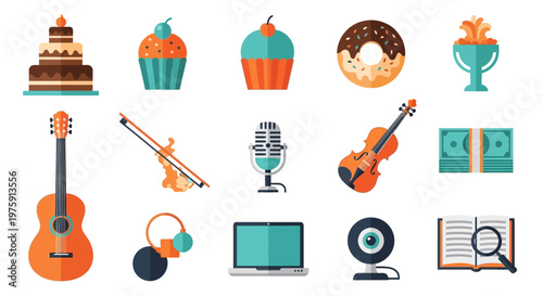 Colorful collage featuring guitars, sweets, and tech items in a playful musical collection.