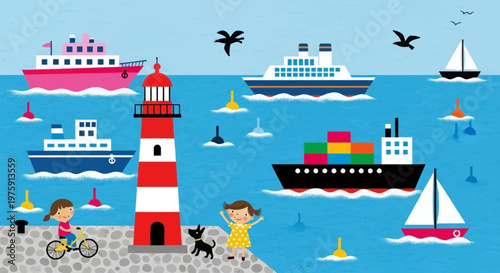 Coastal harbor scene featuring lighthouse, ships, sailboats and cyclists under a bright blue sky.